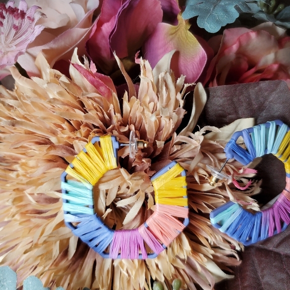 NWT Pastel Octogonal Raffia Open Hoop Earrings - Picture 10 of 14